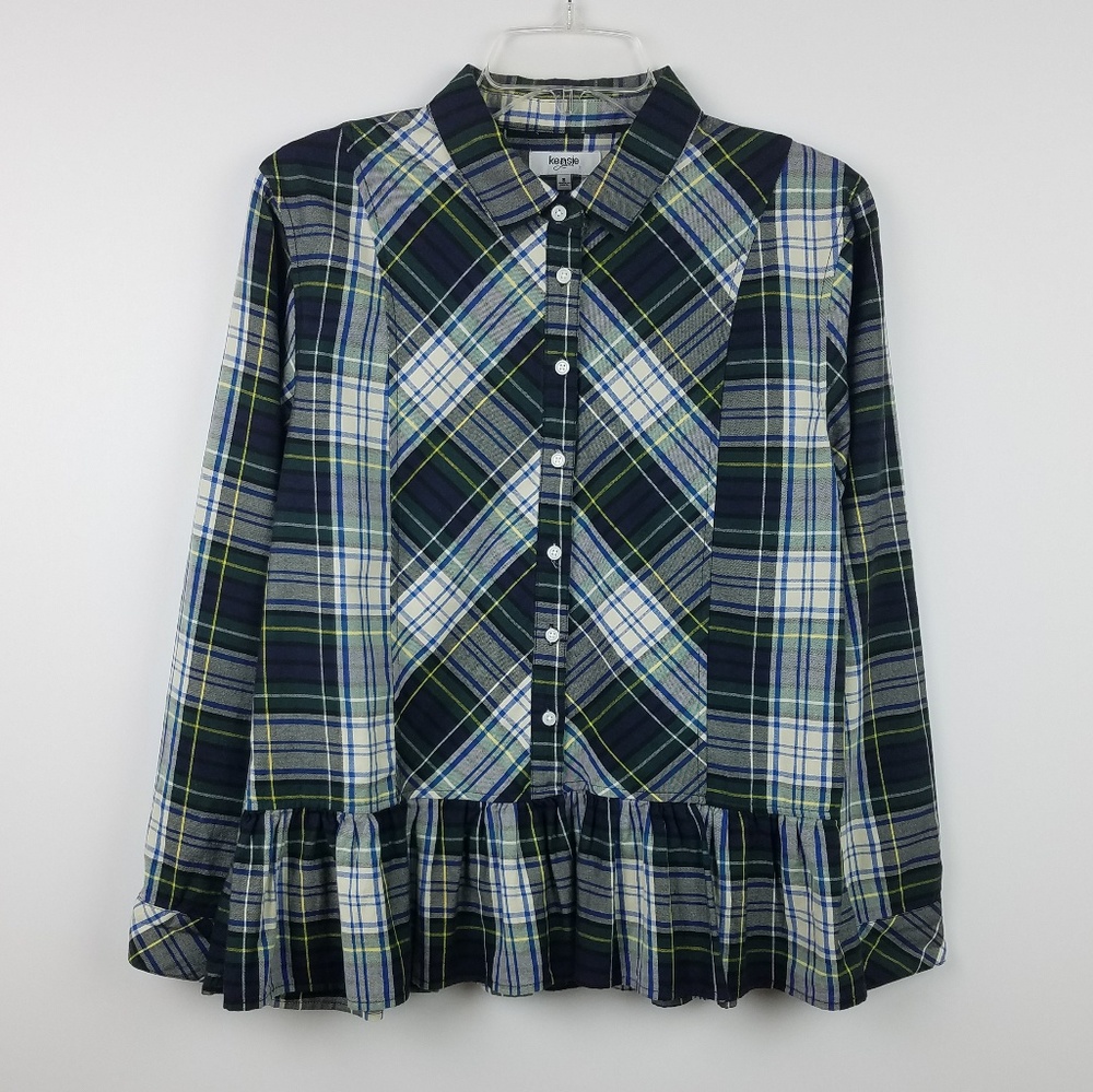 Kensie Jeans Tunic Plaid Button Down Peplum Top